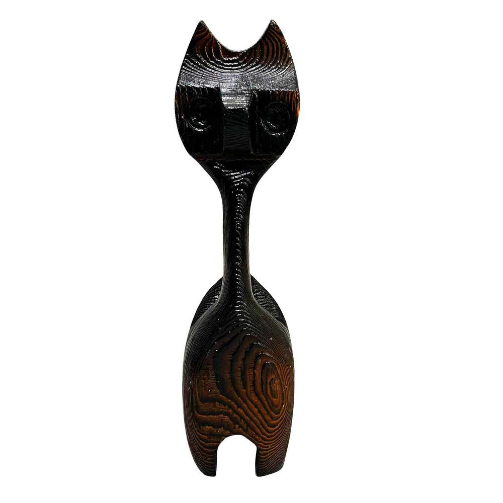 Unique vintage carved wood cat figurine 1970's dark brown textured wood grain